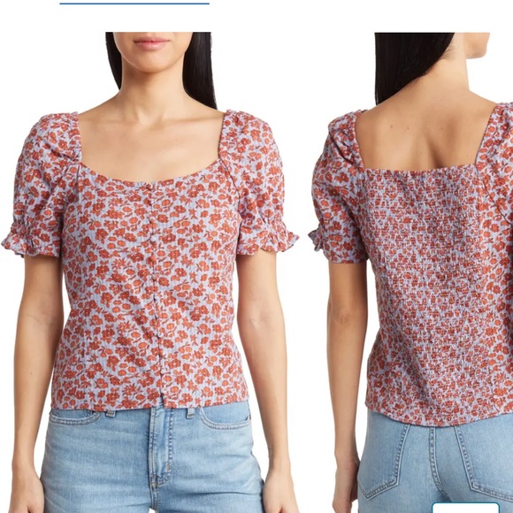 Madewell Tops - NWT Madewell Kallie Button Front Smocked Top in Blue with Red Floral Print